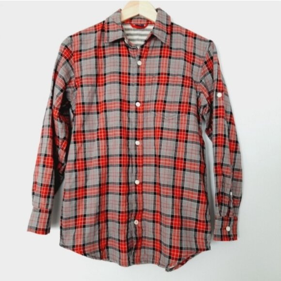 GAP Utility Sleeve Lined Plaid Button-Up Shirt Top Red Gray Kids Youth Sz XL - Picture 6 of 15